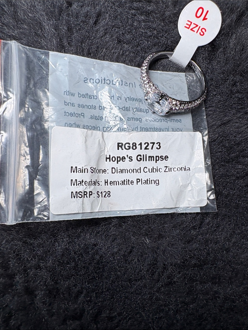 Hope's Glimpse Hematite-Plated Ring with Clear Stone - Size 10